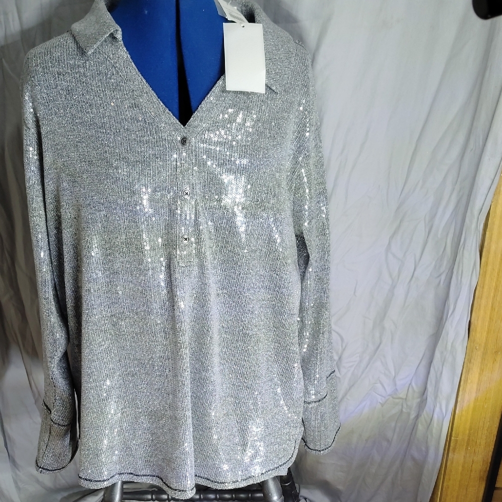 Cato Silver Sequin Collared V-Neck Button Top